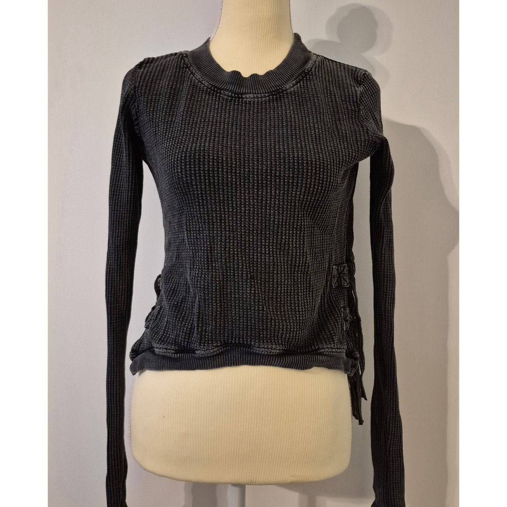 Free People FP One Interlaken Waffle Knit Thermal Top Side Tie Crop Boho Grunge